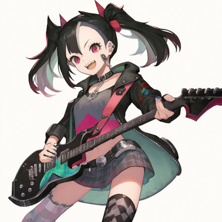 A girl plays an electric guitar in the anime style. High quality illustrationの写真素材