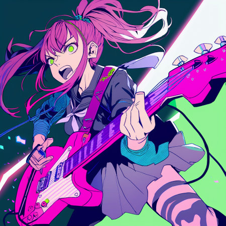 A girl plays an electric guitar in the anime style. High quality illustrationの写真素材