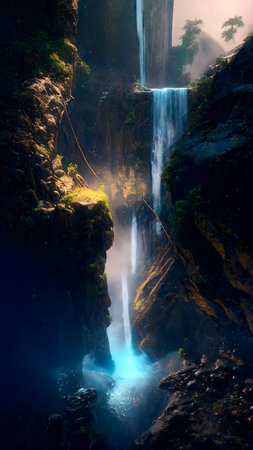 mystical magical waterfall in the mountains. High quality illustrationの写真素材
