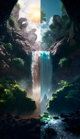 mystical magical waterfall in the mountains. High quality illustrationの写真素材