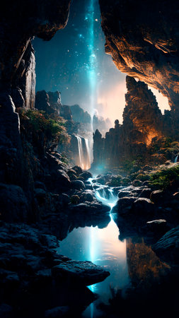 mystical magical waterfall in the mountains. High quality illustrationの写真素材
