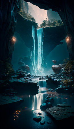 mystical magical waterfall in the mountains. High quality illustrationの写真素材