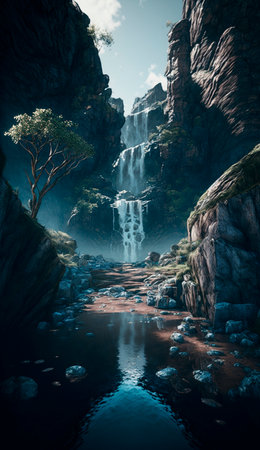 mystical magical waterfall in the mountains. High quality illustrationの写真素材