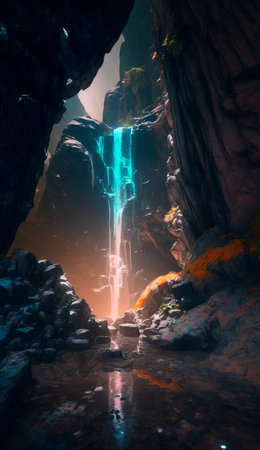 mystical magical waterfall in the mountains. High quality illustrationの写真素材