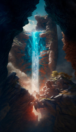 mystical magical waterfall in the mountains. High quality illustrationの写真素材