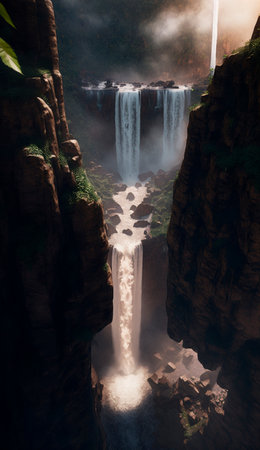mystical magical waterfall in the mountains. High quality illustrationの写真素材