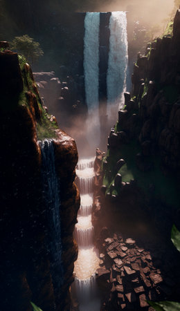 mystical magical waterfall in the mountains. High quality illustrationの写真素材
