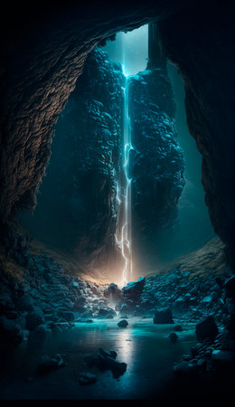 mystical magical waterfall in the mountains. High quality illustrationの写真素材