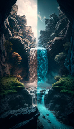 mystical magical waterfall in the mountains. High quality illustrationの写真素材