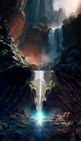 mystical magical waterfall in the mountains. High quality illustrationの写真素材