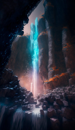 mystical magical waterfall in the mountains. High quality illustrationの写真素材