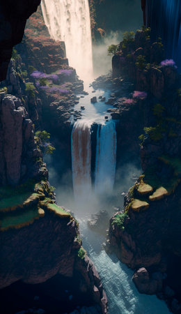 mystical magical waterfall in the mountains. High quality illustrationの写真素材