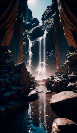 mystical magical waterfall in the mountains. High quality illustrationの写真素材