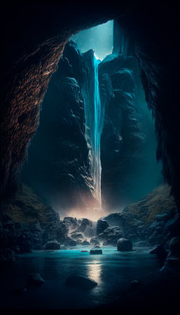 mystical magical waterfall in the mountains. High quality illustrationの写真素材