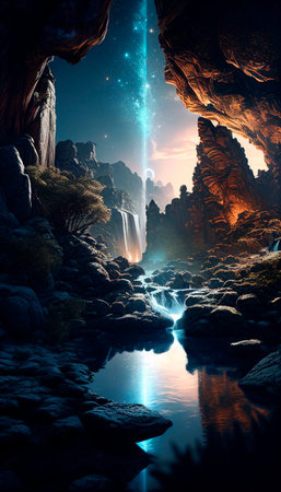 mystical magical waterfall in the mountains. High quality illustrationの写真素材