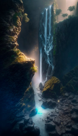 mystical magical waterfall in the mountains. High quality illustrationの写真素材