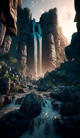 mystical magical waterfall in the mountains. High quality illustrationの写真素材