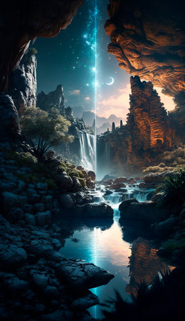 mystical magical waterfall in the mountains. High quality illustrationの写真素材