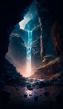 mystical magical waterfall in the mountains. High quality illustrationの写真素材