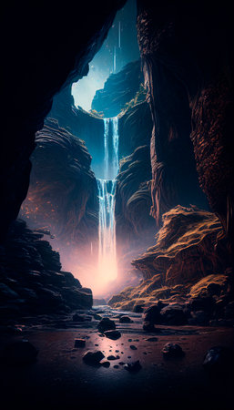 mystical magical waterfall in the mountains. High quality illustrationの写真素材