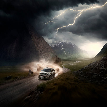 SUV rushes through the mountains. High quality illustrationの写真素材
