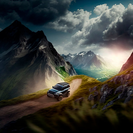 SUV rushes through the mountains. High quality illustrationの写真素材