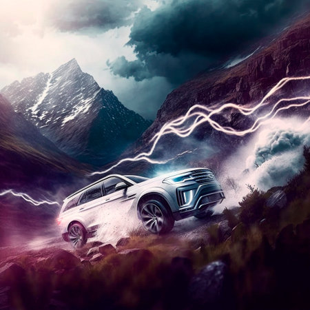 SUV rushes through the mountains. High quality illustrationの写真素材