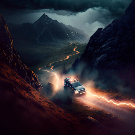 SUV rushes through the mountains. High quality illustrationの写真素材