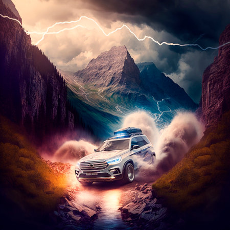SUV rushes through the mountains. High quality illustrationの写真素材