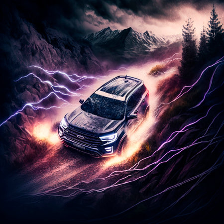 SUV rushes through the mountains. High quality illustrationの写真素材