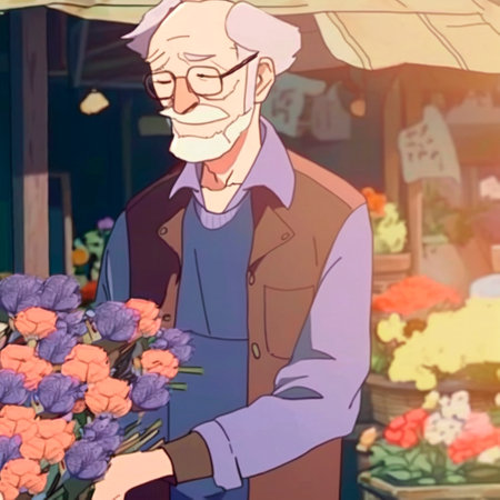 art with a Japanese old man buying flowers at the market. High quality illustrationの写真素材