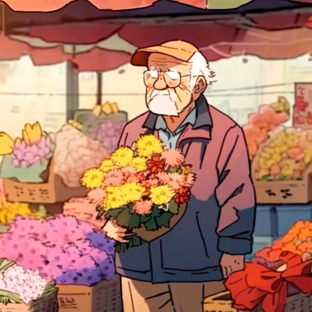 art with a Japanese old man buying flowers at the market. High quality illustrationの写真素材