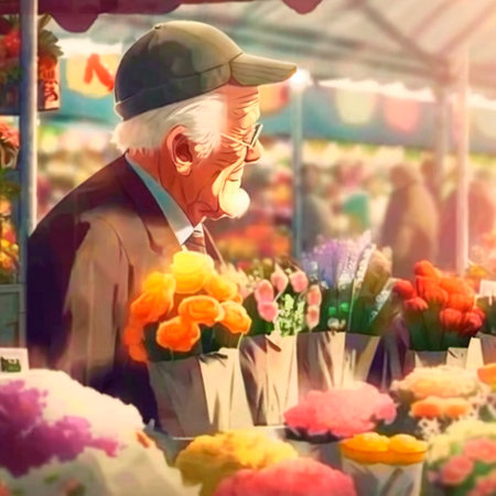 art with a Japanese old man buying flowers at the market. High quality illustrationの写真素材