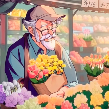 art with a Japanese old man buying flowers at the market. High quality illustrationの写真素材