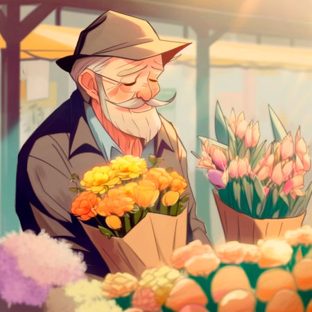 art with a Japanese old man buying flowers at the market. High quality illustrationの写真素材