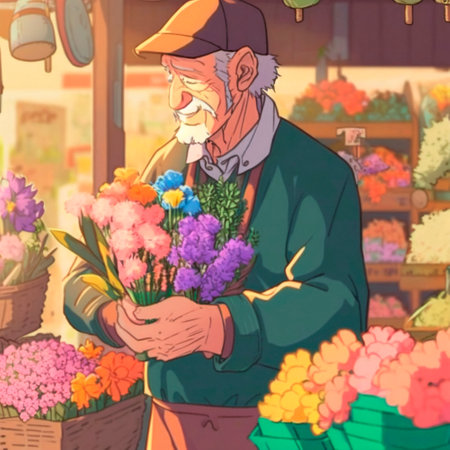 art with a Japanese old man buying flowers at the market. High quality illustrationの写真素材