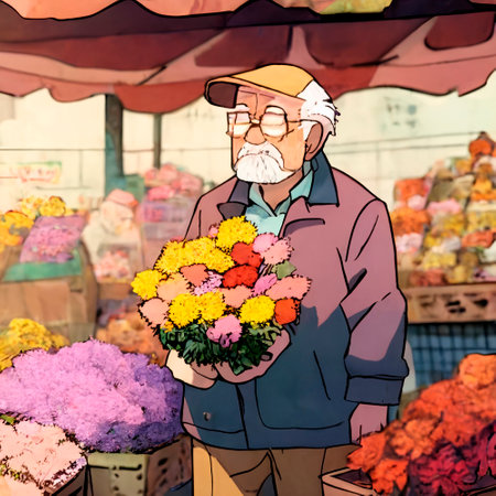 art with a Japanese old man buying flowers at the market. High quality illustrationの写真素材