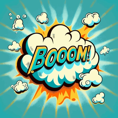Cartoon sign of burst clouds with the word Boom. High quality photoの素材