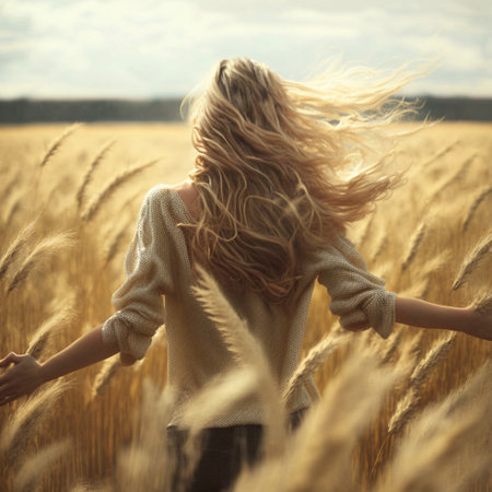 A girl walks through a wheat field, touching the ears with her hands. High quality illustrationの写真素材