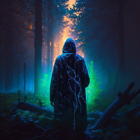 A mysterious man in the forest enveloped by a glowing aura. High quality illustrationの写真素材