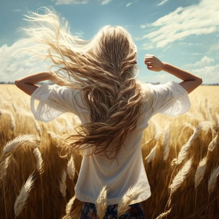 A girl walks through a wheat field, touching the ears with her hands. High quality illustrationの写真素材