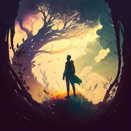 Man in unity with nature. High quality illustrationの写真素材