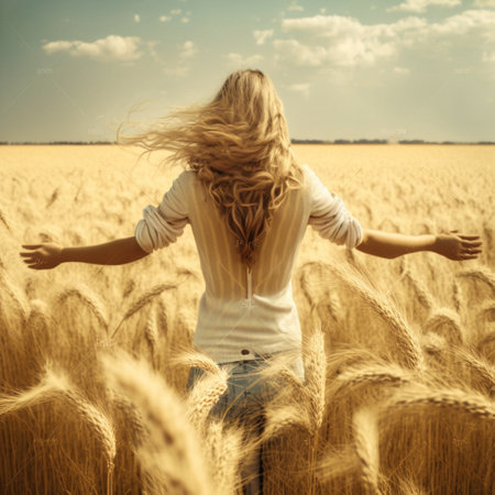 A girl walks through a wheat field, touching the ears with her hands. High quality illustrationの写真素材