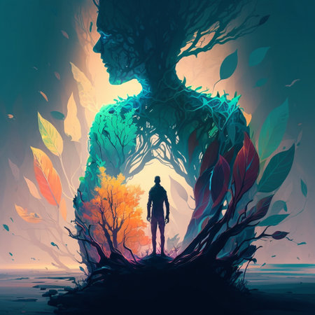 Man in unity with nature. High quality illustrationの写真素材