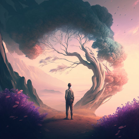 Man in unity with nature. High quality illustrationの写真素材