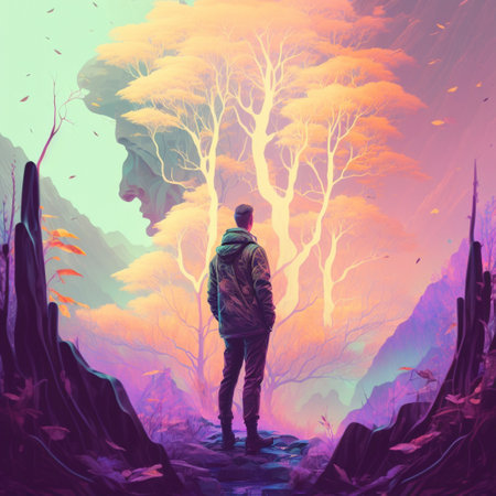 Man in unity with nature. High quality illustrationの写真素材