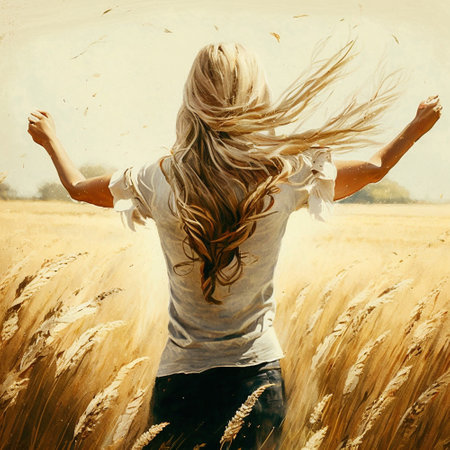 A girl walks through a wheat field, touching the ears with her hands. High quality illustrationの写真素材