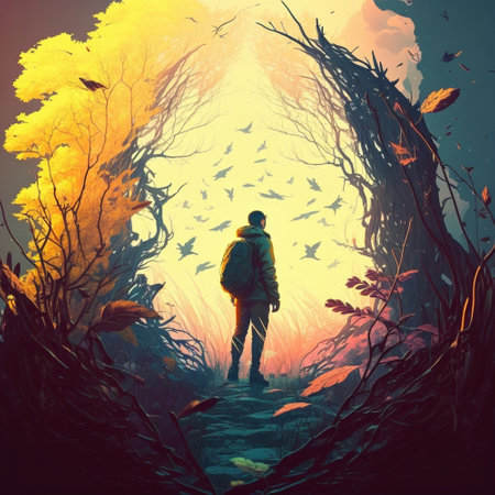 Man in unity with nature. High quality illustrationの素材