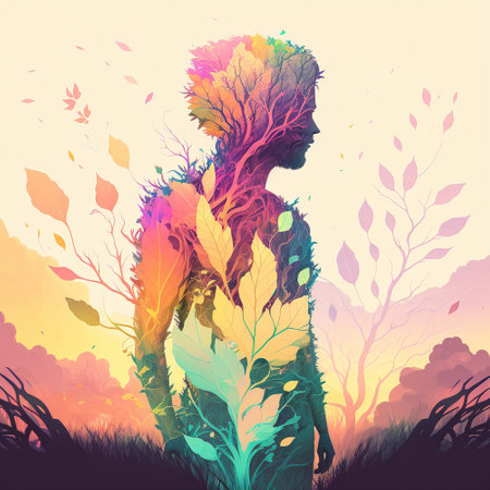 Man in unity with nature. High quality illustrationの素材