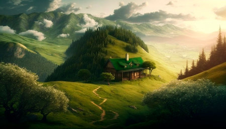 Stunning beautiful mountain scenery with open skies and surroundings. House in the mountains. Fantasy and cinematic mountains. High quality illustrationの写真素材